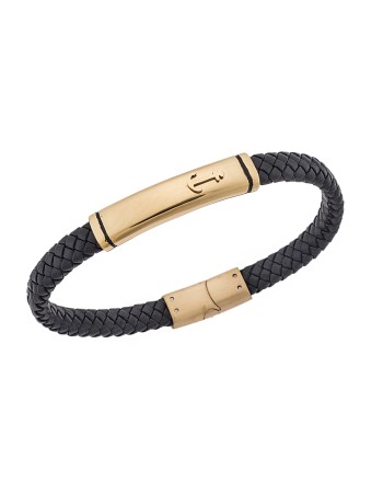 Βραχιόλι Senza Men's Gold Plated Steel, Black Leather Strap With Anchor - SSD5777GD