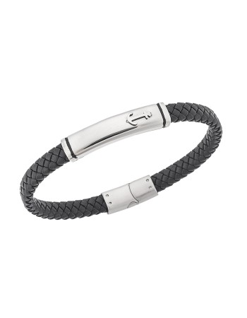 Βραχιόλι Senza Men's Steel, Black Leather Strap With Anchor - SSD5777SR