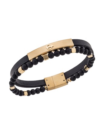 Βραχιόλι Senza Men's Gold Plated Steel, Black Leather Strap With Anchor - SSD5778GD