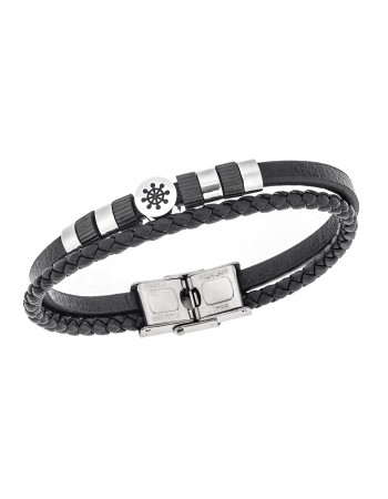 Βραχιόλι Senza Men's Steel, Black Leather Strap, με τιμόνι και μαύρα στοιχεία - SSD5779SBK