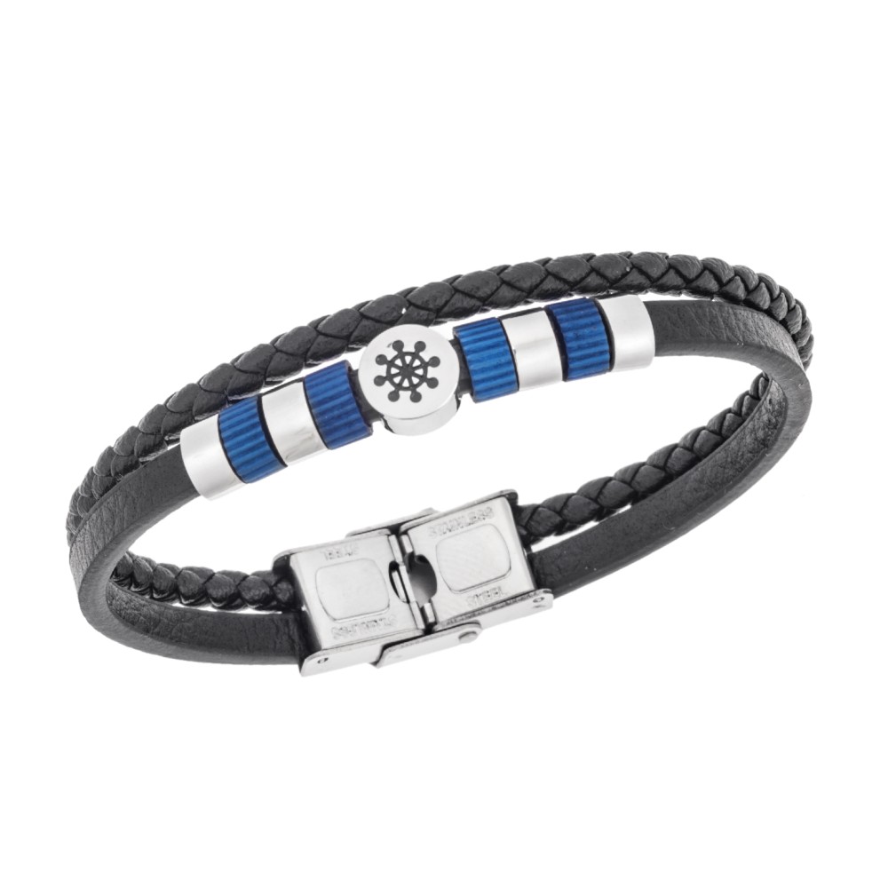 Βραχιόλι Senza Men's Steel, Black Leather Strap, με τιμόνι και μπλε στοιχεία - SSD5779SBL