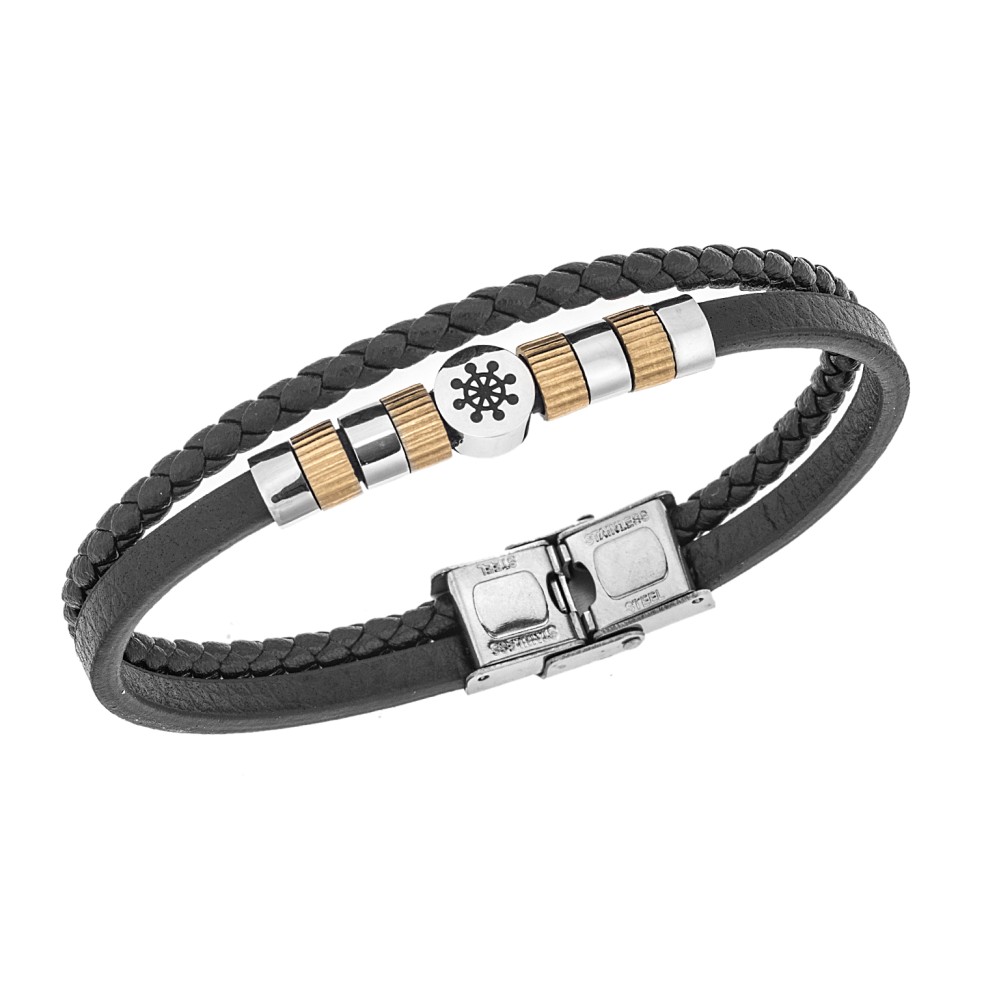 Βραχιόλι Senza Men's Steel, Black Leather Strap, με τιμόνι και χρυσά στοιχεία - SSD5779SGD