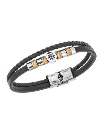 Βραχιόλι Senza Men's Steel, Black Leather Strap, με τιμόνι και χρυσά στοιχεία - SSD5779SGD