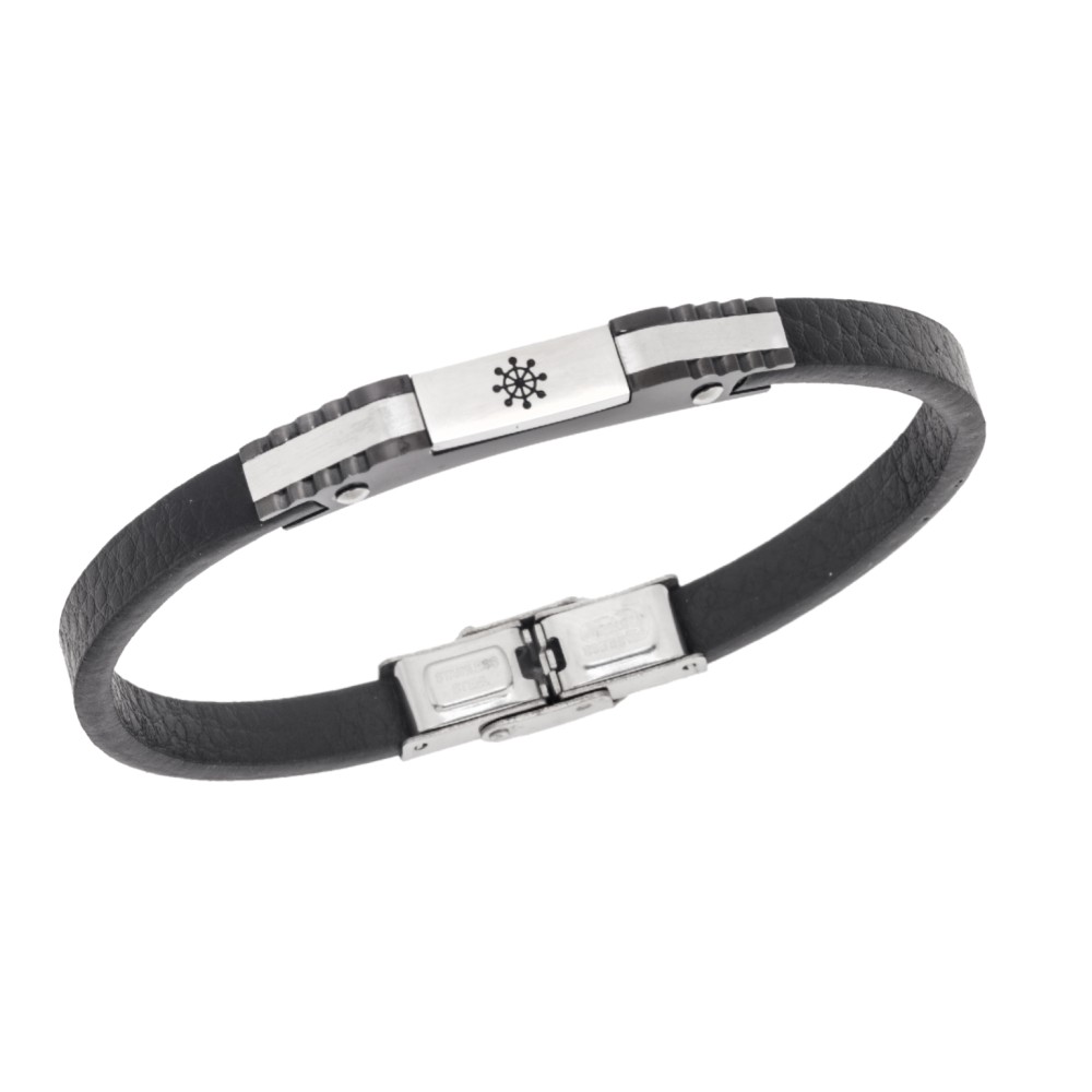 Βραχιόλι Senza Men's Steel, Black Leather Strap, Σχέδιο με τιμόνι - SSD5780SBK