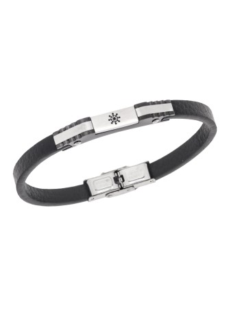 Βραχιόλι Senza Men's Steel, Black Leather Strap, Σχέδιο με τιμόνι - SSD5780SBK