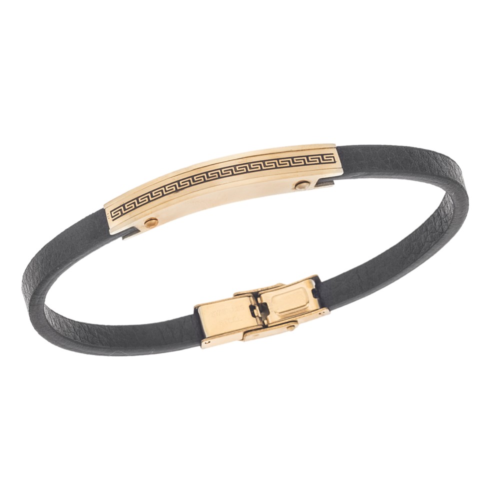 Βραχιόλι Senza Men's Gold Plated Steel, Black Leather Strap, Σχέδιο με μαίανδρο - SSD5781GD
