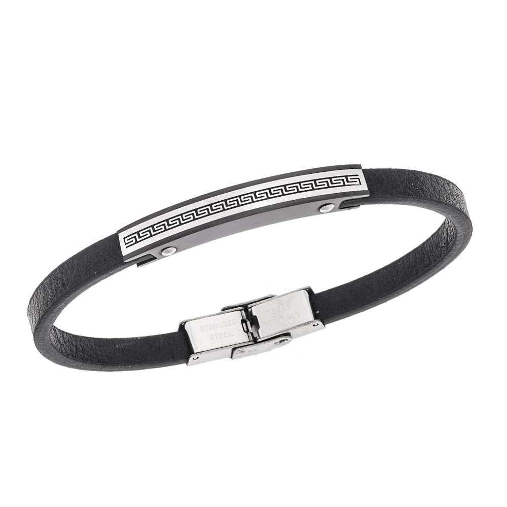 Βραχιόλι Senza Men's Steel, Black Leather Strap, Σχέδιο με μαίανδρο - SSD5781SBK