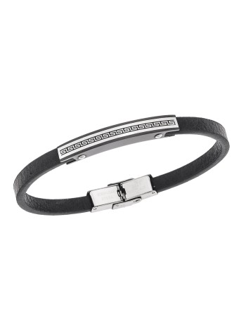 Βραχιόλι Senza Men's Steel, Black Leather Strap, Σχέδιο με μαίανδρο - SSD5781SBK
