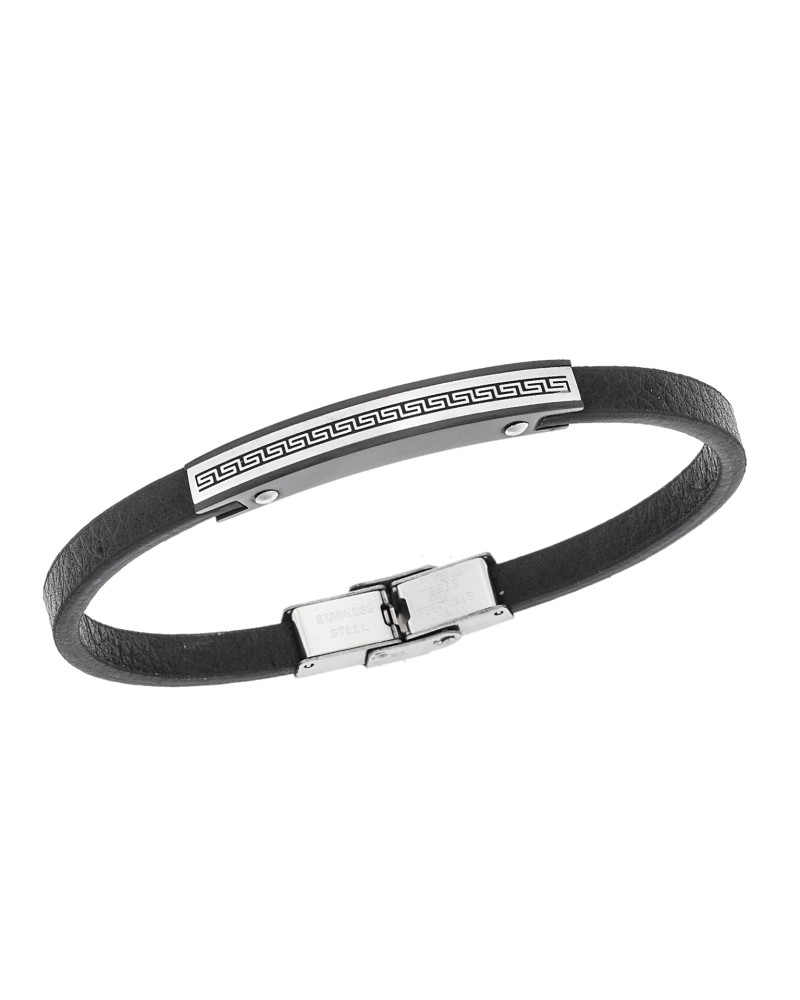 Βραχιόλι Senza Men's Steel, Black Leather Strap, Σχέδιο με μαίανδρο - SSD5781SBK