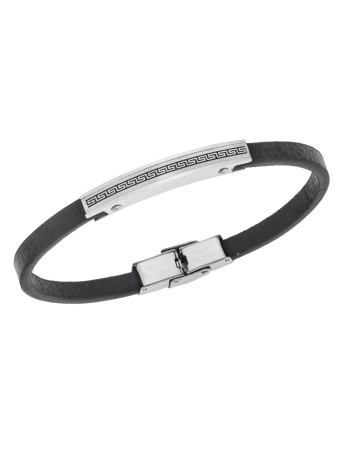Βραχιόλι Senza Men's Steel, Black Leather Strap, Σχέδιο με μαίανδρο - SSD5781SR