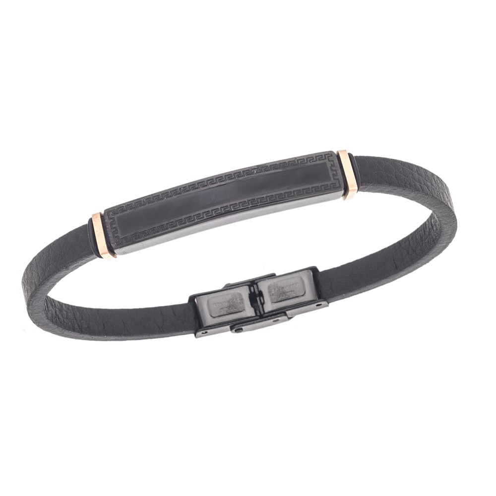 Βραχιόλι Senza Men's Steel, Black Leather Strap, Ταυτότητα με περιμετρικό μαίανδρο - SSD5782RBK