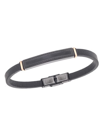 Βραχιόλι Senza Men's Steel, Black Leather Strap, Ταυτότητα με περιμετρικό μαίανδρο - SSD5782RBK