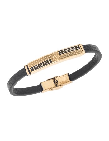 Βραχιόλι Senza Men's Gold Plated Steel, Black Leather Strap, με σχέδιο από διπλό μαίανδρο - SSD5783GD