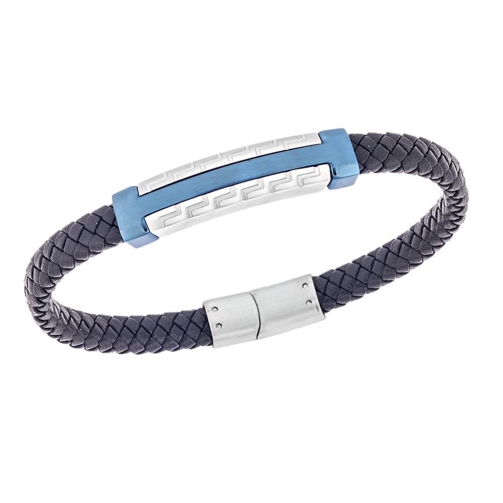 Βραχιόλι Senza Men's Steel, Black Leather Strap, Δίχρωμο σχέδιο με διπλό μαίανδρο - SSD5784SBL