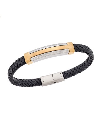 Βραχιόλι Senza Men's Gold Plated Steel, Black Leather Strap, Δίχρωμο σχέδιο με διπλό μαίανδρο - SSD5784SGD