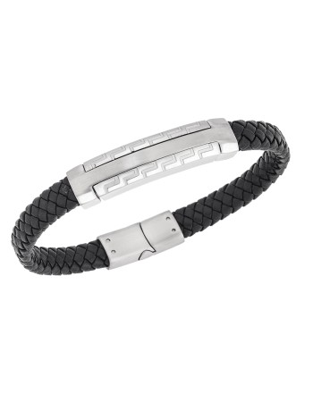 Βραχιόλι Senza Men's Steel, Black Leather Strap, Δίχρωμο σχέδιο με διπλό μαίανδρο - SSD5784SR