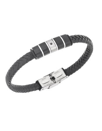 Βραχιόλι Senza Men's Steel, Black Leather Strap, με ασημί & μαύρα στοιχεία και μαύρη πέτρα - SSD5786SBK