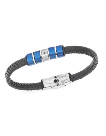 Βραχιόλι Senza Men's Steel, Black Leather Strap, με ασημί & μπλε στοιχεία και μαύρη πέτρα - SSD5786SBL