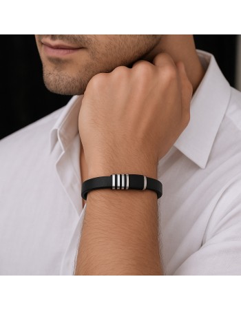 Βραχιόλι Senza Men's Steel, Black Leather Strap, με ασημί & μαύρα στοιχεία - SSD5787SBK