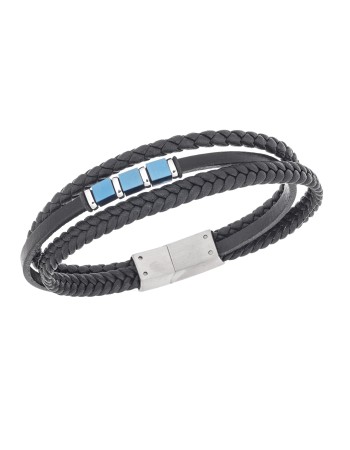 Βραχιόλι τριπλό Senza Men's Steel, Black Leather Strap, με ασημί & μπλε στοιχεία - SSD5788SBL