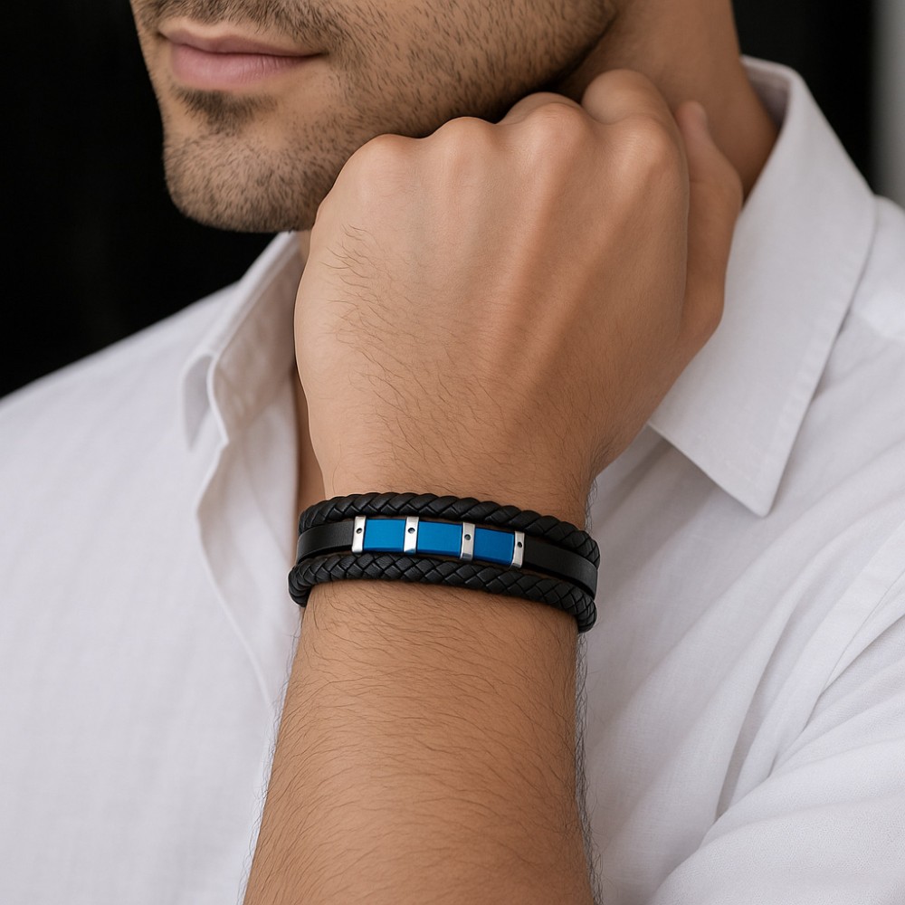 Βραχιόλι τριπλό Senza Men's Steel, Black Leather Strap, με ασημί & μπλε στοιχεία - SSD5788SBL