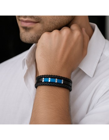 Βραχιόλι τριπλό Senza Men's Steel, Black Leather Strap, με ασημί & μπλε στοιχεία - SSD5788SBL