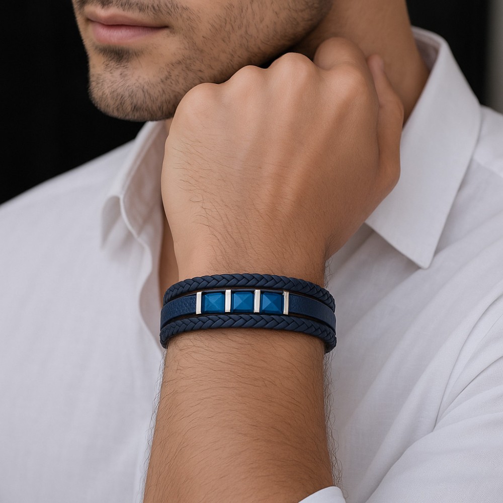 Βραχιόλι τριπλό Senza Men's Steel, Blue Leather Strap, με ασημί & μπλε στοιχεία - SSD5789SBL