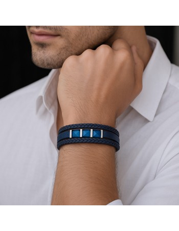 Βραχιόλι τριπλό Senza Men's Steel, Blue Leather Strap, με ασημί & μπλε στοιχεία - SSD5789SBL