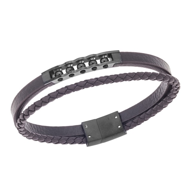 Βραχιόλι διπλό Senza Men's Steel, Brown Leather Strap, με μαύρο σχέδιο - SSD5791BKBN