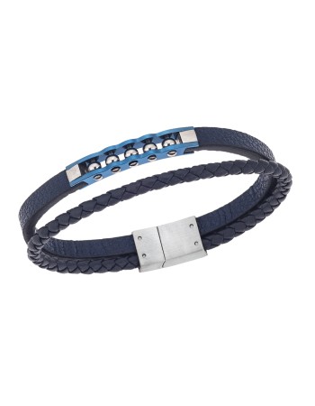Βραχιόλι διπλό Senza Men's Steel, Blue Leather Strap, με ασημί & μπλε σχέδιο - SSD5791SBL