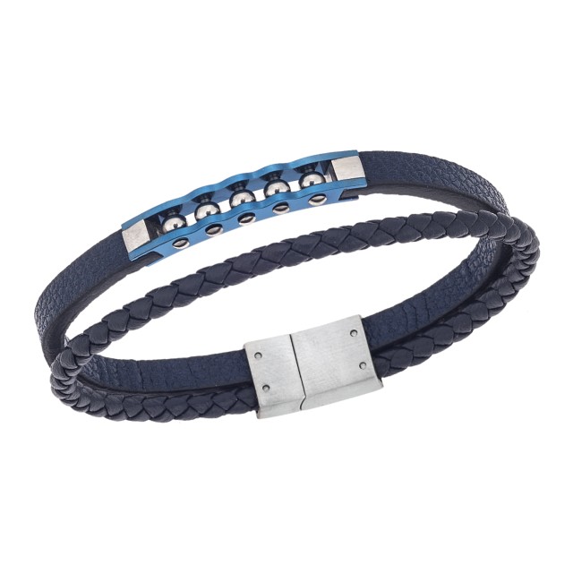 Βραχιόλι διπλό Senza Men's Steel, Blue Leather Strap, με ασημί & μπλε σχέδιο - SSD5791SBL