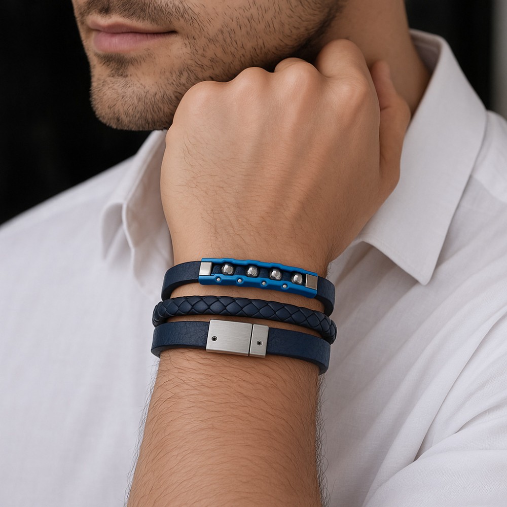 Βραχιόλι διπλό Senza Men's Steel, Blue Leather Strap, με ασημί & μπλε σχέδιο - SSD5791SBL