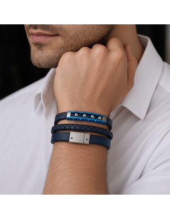 Βραχιόλι διπλό Senza Men's Steel, Blue Leather Strap, με ασημί & μπλε σχέδιο - SSD5791SBL