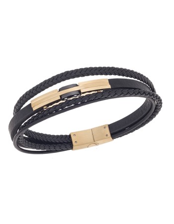Βραχιόλι τριπλό Senza Men's Gold Plated Steel, Black Leather Strap, με χρυσό & μαύρο σχέδιο - SSD5792GBK