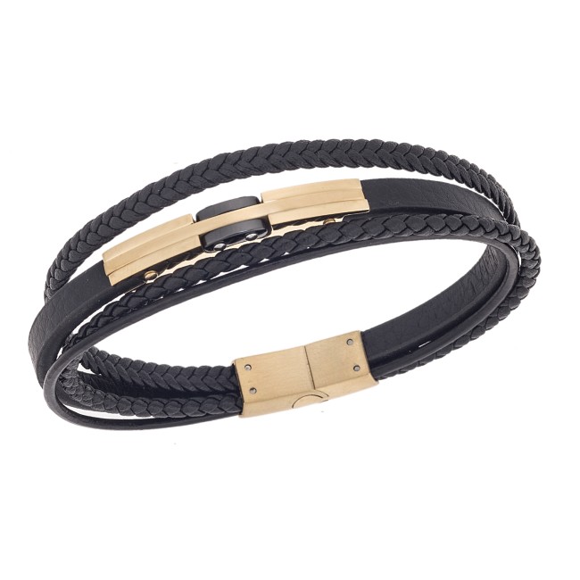 Βραχιόλι τριπλό Senza Men's Gold Plated Steel, Black Leather Strap, με χρυσό & μαύρο σχέδιο - SSD5792GBK