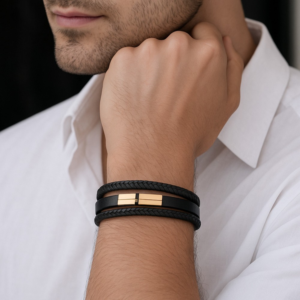 Βραχιόλι τριπλό Senza Men's Gold Plated Steel, Black Leather Strap, με χρυσό & μαύρο σχέδιο - SSD5792GBK