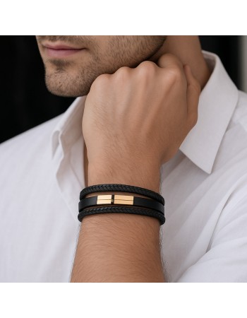 Βραχιόλι τριπλό Senza Men's Gold Plated Steel, Black Leather Strap, με χρυσό & μαύρο σχέδιο - SSD5792GBK