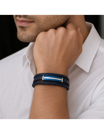 Βραχιόλι τριπλό Senza Men's Steel, Blue Leather Strap, με ασημί & μπλε σχέδιο - SSD5792SBL