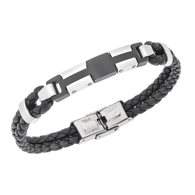 Βραχιόλι διπλό Senza Men's Steel, Black Leather Strap, με ασημί & μαύρο σχέδιο - SSD5793SBK