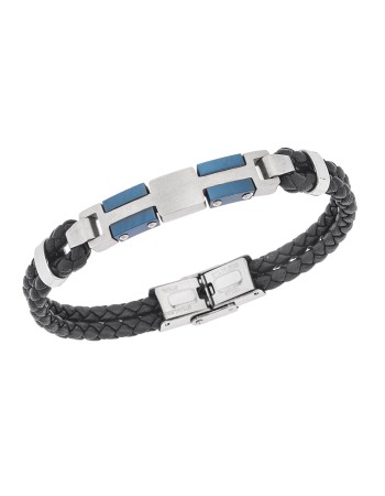 Βραχιόλι διπλό Senza Men's Steel, Black Leather Strap, με ασημί & μπλε σχέδιο - SSD5793SBL