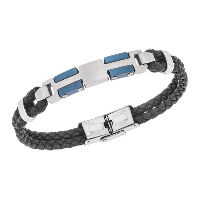 Βραχιόλι διπλό Senza Men's Steel, Black Leather Strap, με ασημί & μπλε σχέδιο - SSD5793SBL