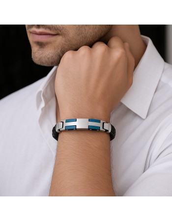 Βραχιόλι διπλό Senza Men's Steel, Black Leather Strap, με ασημί & μπλε σχέδιο - SSD5793SBL