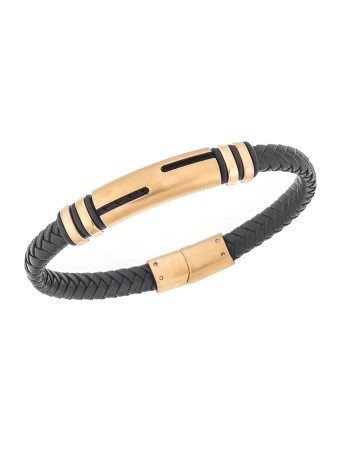 Βραχιόλι Senza Men's Gold Plated Steel, Black Leather Strap, με χρυσό σχέδιο - SSD5794GBK