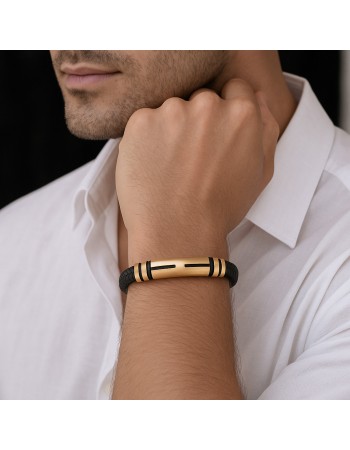 Βραχιόλι Senza Men's Gold Plated Steel, Black Leather Strap, με χρυσό σχέδιο - SSD5794GBK