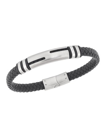 Βραχιόλι Senza Men's Steel, Black Leather Strap, με ασημί σχέδιο - SSD5794SBK