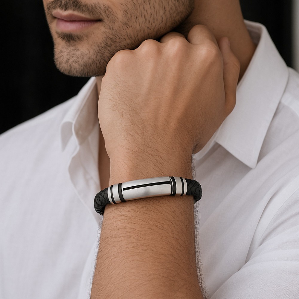 Βραχιόλι Senza Men's Steel, Black Leather Strap, με ασημί σχέδιο - SSD5794SBK