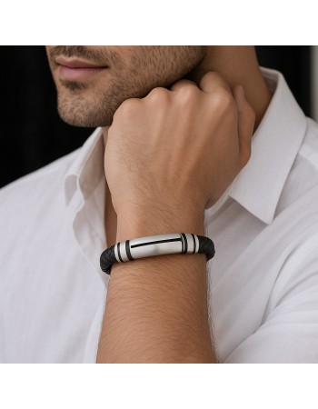 Βραχιόλι Senza Men's Steel, Black Leather Strap, με ασημί σχέδιο - SSD5794SBK