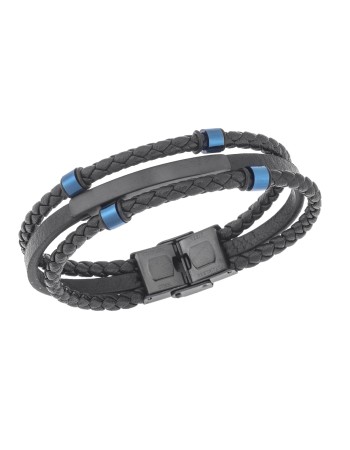 Βραχιόλι τριπλό Senza Men's Steel, Black Leather Strap, με μαύρη ταυτότητα και μπλε στοιχεία - SSD5795BBL