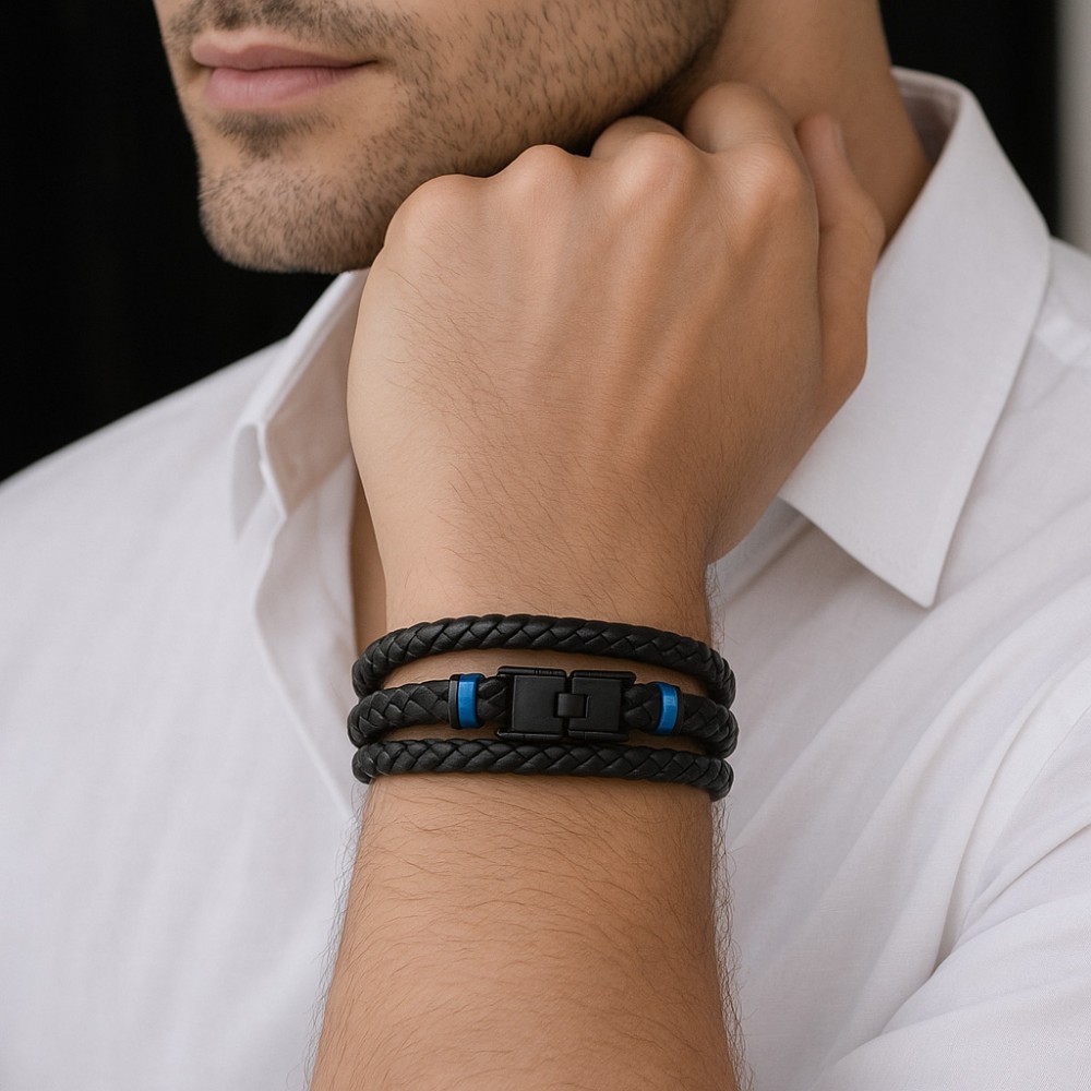 Βραχιόλι τριπλό Senza Men's Steel, Black Leather Strap, με μαύρη ταυτότητα και μπλε στοιχεία - SSD5795BBL