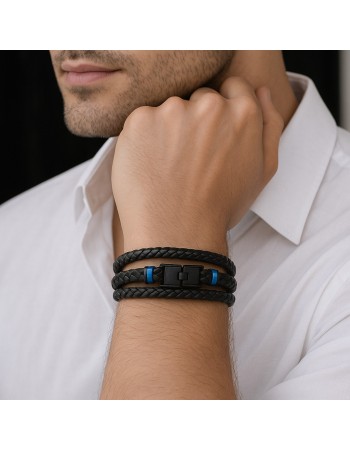 Βραχιόλι τριπλό Senza Men's Steel, Black Leather Strap, με μαύρη ταυτότητα και μπλε στοιχεία - SSD5795BBL
